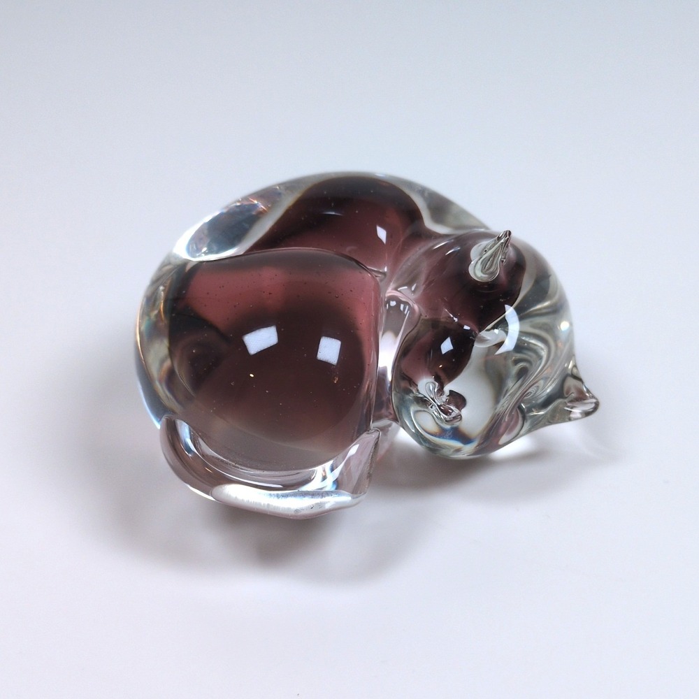 Sleeping Cat Art Glass Figurine Paperweight Purple Brown Clear Small